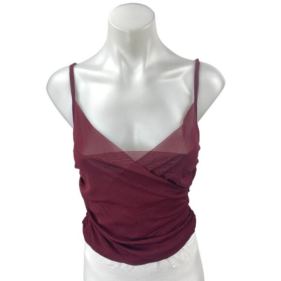 Free People Maroon Ruched Sleeveless Cami Camisole Mesh Crop Tank Top Size XS - Picture 1 of 4